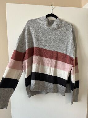 Cozy Striped Mock Neck Sweater - Gray, Pink, Cream, Black